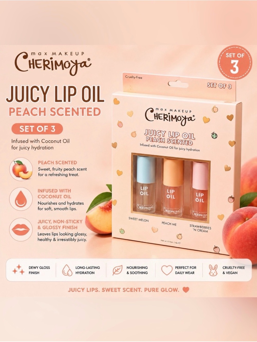 Cherimoya Juicy Lip Oil Set Of 3 Peach Scented